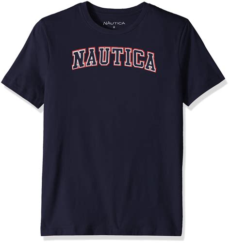 It features a classic crewneck, short sleeves, and a chest stripe design styled with the <strong>Nautica</strong> Jeans Co. . Nautica tshirt